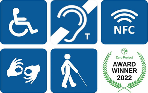 Pictograms of accessible travel: wheelchair user, hearing loop, NFC ticketing, sign language, blind traveler, and the Zero Project Award Winner 2022 laurel